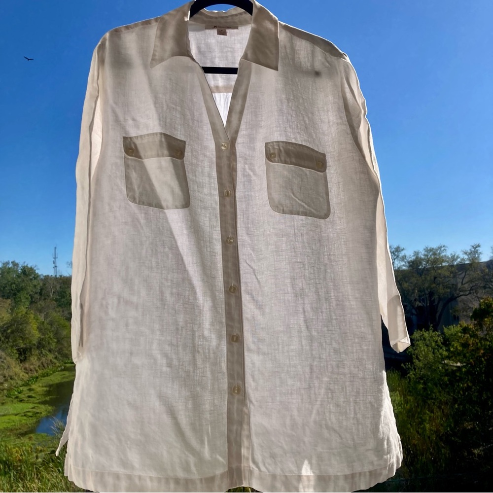 jm collection shirt/blouse linen shirt vintage White 3/4 sleeve SIZE: 16-18
